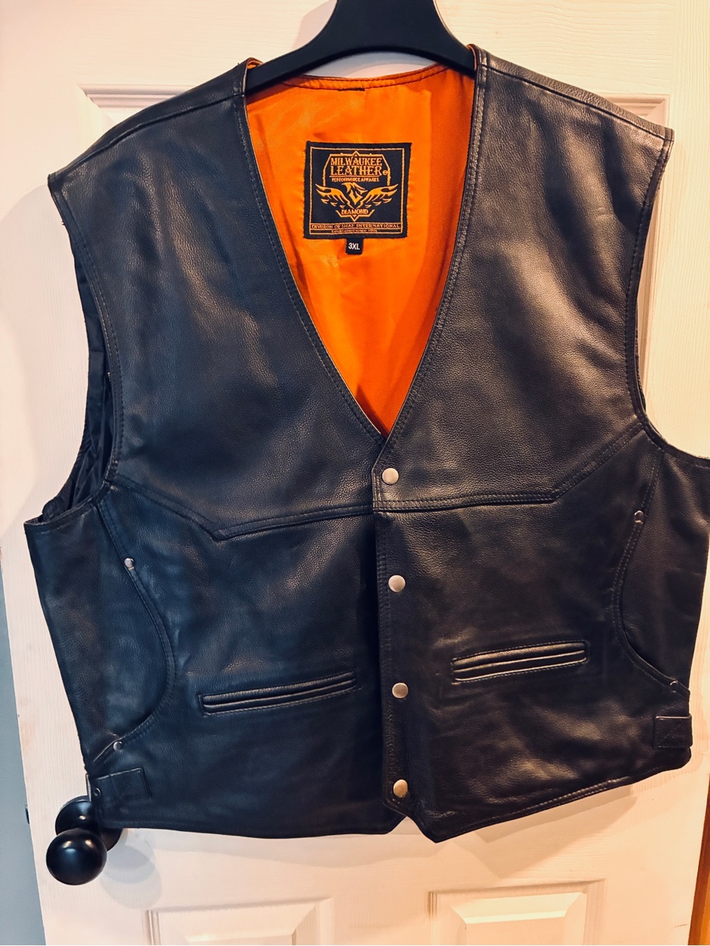 Men’s Black Leather Vest with Orange Lining